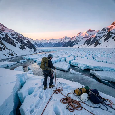 Crisp Alpine clarity, formal composition, Mountaineer roping up on glacier at su