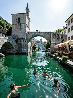 Swimmers looking up at bridge