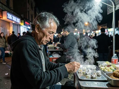 Street vendor counting crumpled bills at 4am, steam rising from his food cart, t
