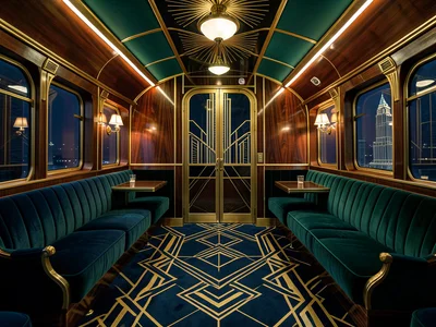 A luxury train compartment in Deco style: curved wood panels, brass fittings, ve