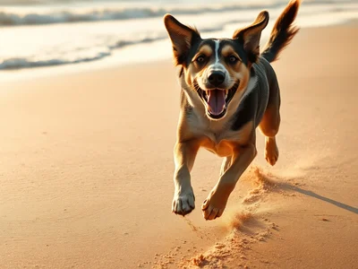 Candid photography of a joyful dog running full speed along a sunlit beach, paws kicking up sand, ears flapping in motio