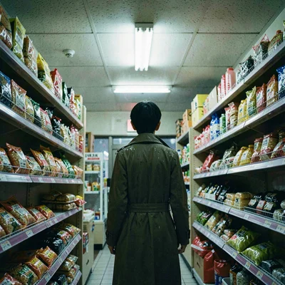 Convenience-store interior at 2am, fluorescent ceiling humming over packaged oni