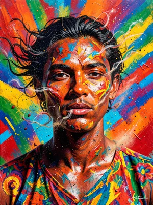 Portrait made of wind — visible air currents forming features, dust particles, m