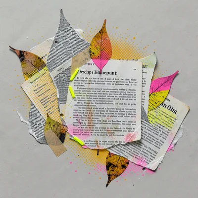 Torn-paper collage of overlapping document silhouettes drifting like leaves, hal