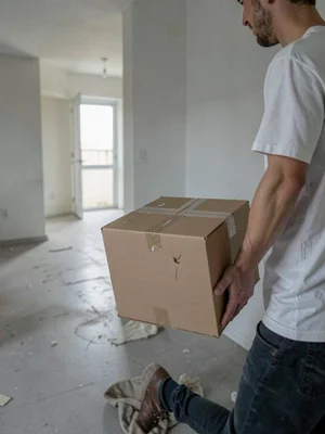 Someone carrying the last box from an apartment on a grey moving day, the flat l