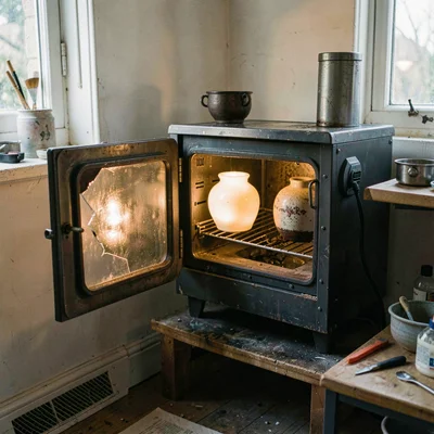 Workshop corner with annealing oven door cracked open, finished vases inside glo