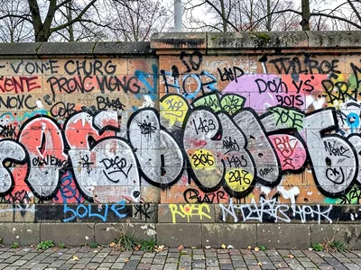 A Berlin wall section with years of graffiti layered, visual archaeology