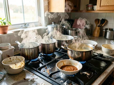 All four burners active with pots at different boil