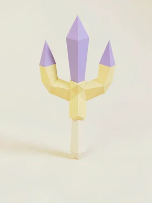 Three-pronged butter-yellow lowpoly trident with triangulated lavender prongs an