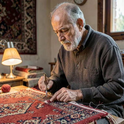 A focused Iranian carpet-weaver in his fifties cutting a row with a small hooked