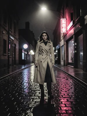 Woman in trench coat under streetlight, wet cobblestone reflecting neon sign, no