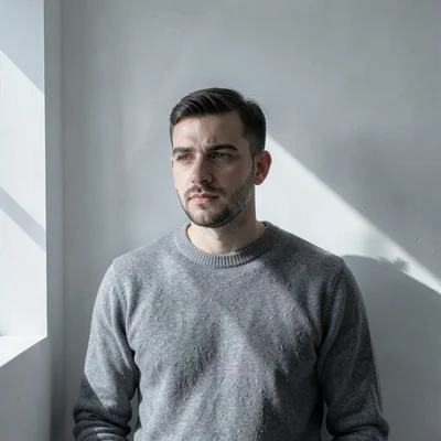 Stark Baltic minimalism, contemplative mood, Portrait of software developer in g