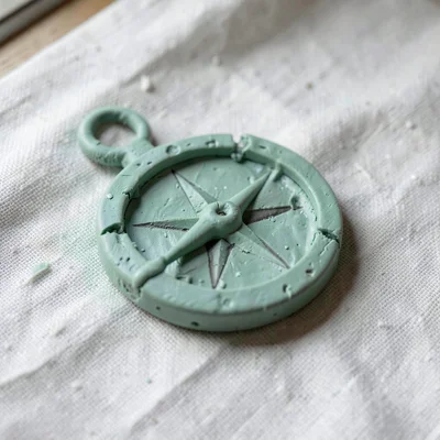 Drawn sage-green compass with a slumped needle and fingernail dents around its r