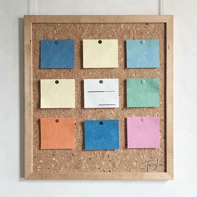 Screenprint poster of a corkboard with index cards in graphic layout, three-colo