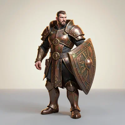 Game character tile of a heavy-armored paladin with a runed shield, three-quarte