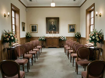Funeral home viewing room, chairs arranged perfect, flowers symmetric, death mad