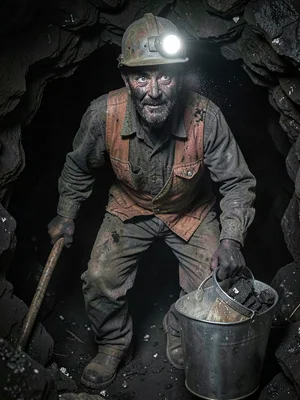 Coal miner emerging from shaft, headlamp still on, white eyes in a face of black