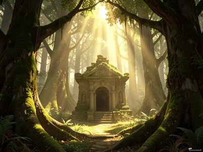 Ancient forest with moss-covered trees, shafts of golden light, mysterious stone