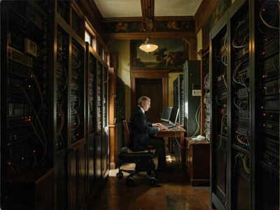Data center server room painted in Renaissance oil style, dramatic chiaroscuro l