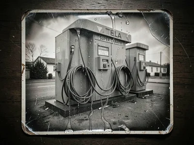 Tesla Supercharger station, cables coiled, tintype metallic sheen with chemical 