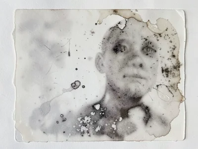 Monoprint with solvent wash, turpentine dripped on inked plate dissolving areas,