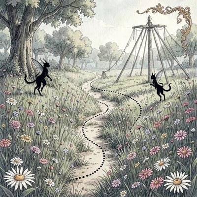 A fae-realm spring-equinox flower-meadow path with dotted route through wildflow