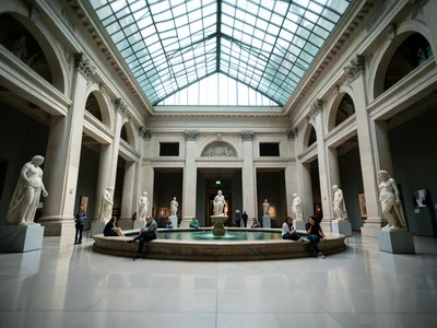 The courtyard of a museum: glass roof above, ancient sculptures below, visitors 