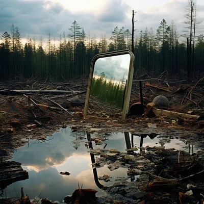 Photo A mirror in a landfill reflects a pristine fore