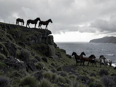 Edge-of-world isolation on Rapa Nui, Wild horses silhouetted on a ridge against 