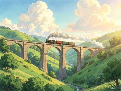 Train crossing a tall stone viaduct through a lush green valley, steam trailing 