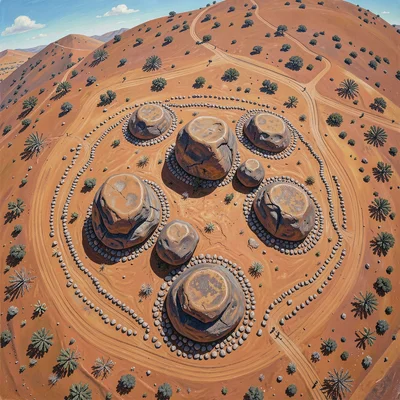 Group of rounded boulders at a desert hilltop from above, rings of scattered peb