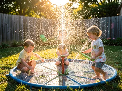 Children playing in sprinkler, frozen water droplets catching golden light, back