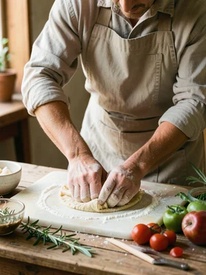 Person kneading pasta dough on a floured marble surface, apron and rolled sleeve
