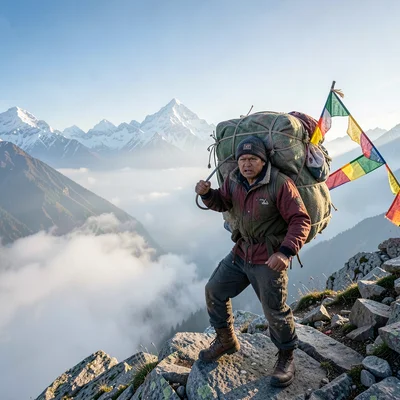 High altitude clarity of Kathmandu, Nepal, Sherpa porter carrying impossible loa