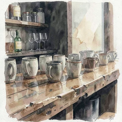 Moody view of a tasting bar with stoneware cups lined along a reclaimed wood cou