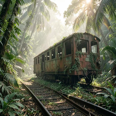 Tropical light on Sri Lankan colonial decay, Abandoned railcar being consumed by