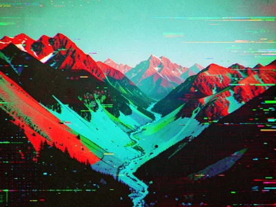 Mountain landscape with color channel displacement, red peaks shifted 30 pixels 