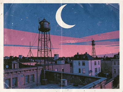 A city rooftop at dusk with water towers and a crescent moon above