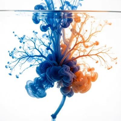 Blue and orange ink blooming in water, summer storm cloud abstraction