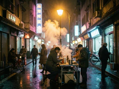 Night street vendor selling hot drinks, steam clouds backlit by amber streetlamp