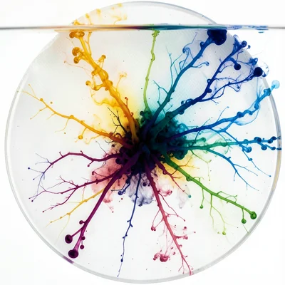 Colored ink drops on coffee filter paper, chromatography separation visible as c