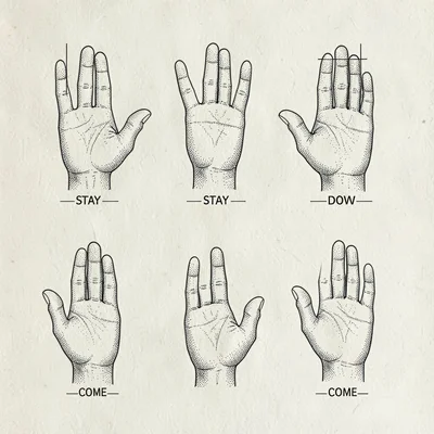 Pen-ink technical-style drawing of training hand signals (sit, stay, down, come)