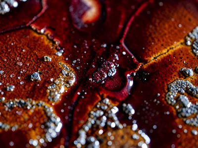 Flambe glaze in ox-blood red, copper reduction creating deep crimson pools and s