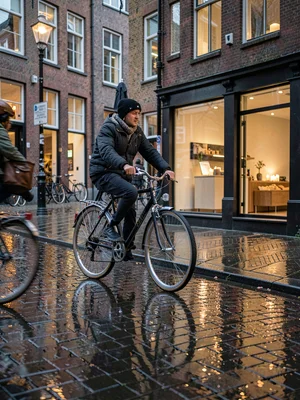 Bicycle rhythm through Copenhagen, bicycle wheels spinning against wet Copenhage
