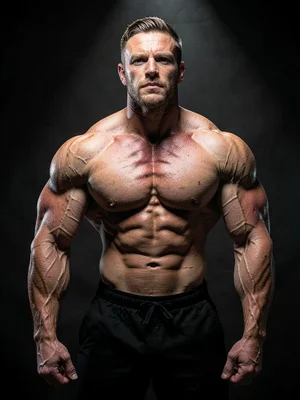 Bodybuilder under cross-lighting setup, every muscle group defined