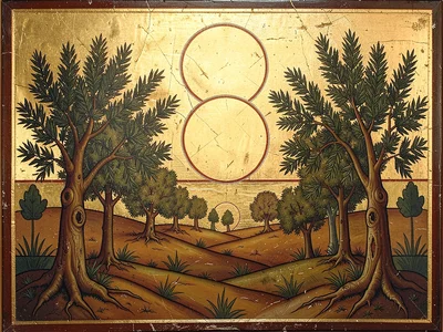 Olive grove landscape with stylized flat trees, gold sky above the horizon