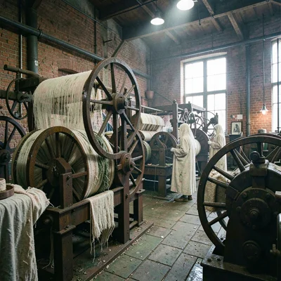 Textile factory ghosts in industrial Łódź, spinning room machinery frozen in tim
