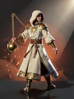 Veiled sun-cleric in cream-and-bronze robes with gilded sun-medallion, censer-on