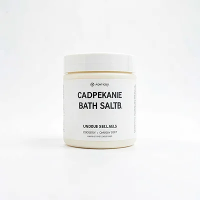 Clean studio still of an unbranded bath salts jar on smooth bone-white sweep, so