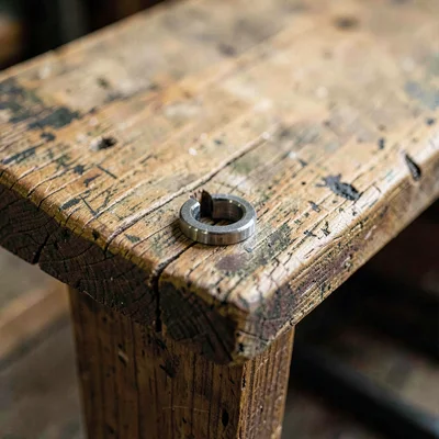 Worn study of a wooden bench with a deep dent ring from years of body clamps